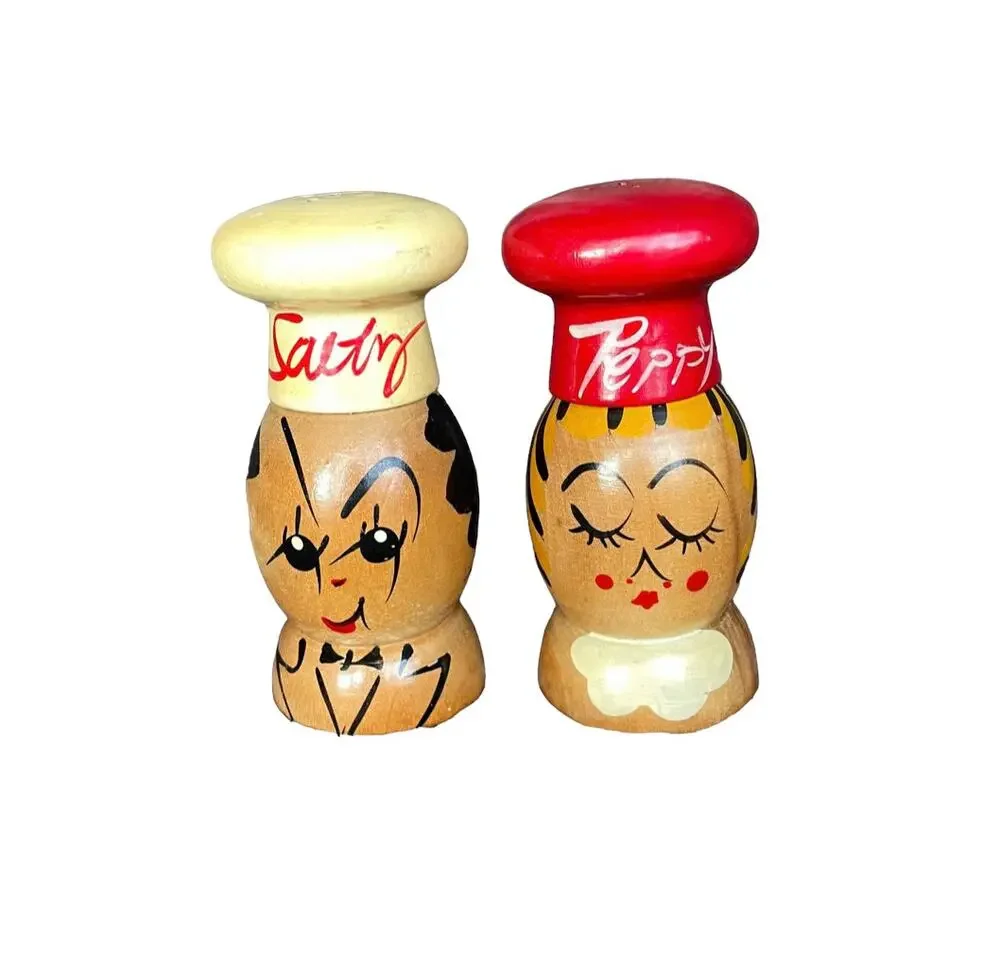 Vintage Salty & Peppy Wooden Salt & Pepper Shakers Japan MCM Hand Painted